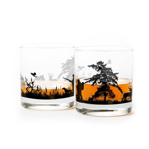 Hunting Landscape Whiskey Glasses, 11 oz, Single - Black Lantern