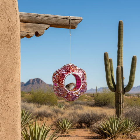 Pearl Pink Flower Mosaic Fly-Through Hanging Bird Feeder, 10" - Sunnydaze Decor