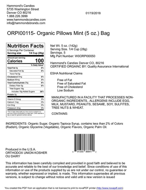 Organic Classic Candy Peppermint Pillows, 5 oz Gift Bag - Hammond's Candies