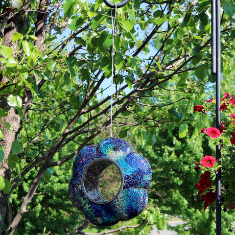 Glass Indigo Flower Mosaic Fly-Through Hanging Bird Feeder, 9" - Sunnydaze Decor
