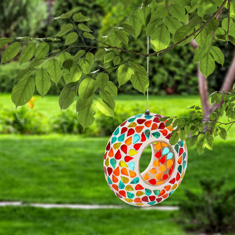 Glass Confetti Mosaic Fly-Through Hanging Bird Feeder, 6.5" - Sunnydaze Decor