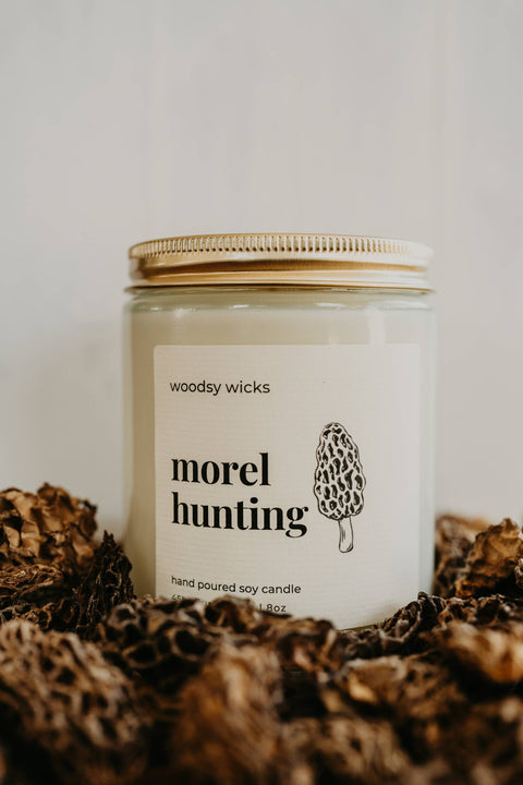 Morel Mushroom Hunting Candle, 8 oz, Soy Wax, Cotton Wick - Woodsy Wicks