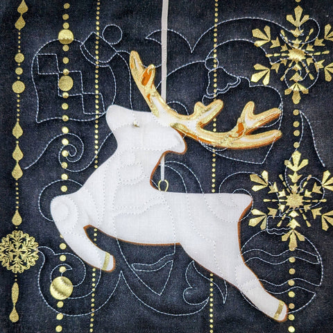 Gold and Black Christmas Ornament Potholder: Reindeer - Red Mitten