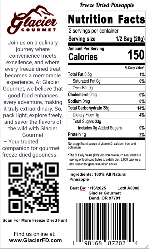 Freeze Dried Pineapple, 2 oz Bag - Glacier Gourmet
