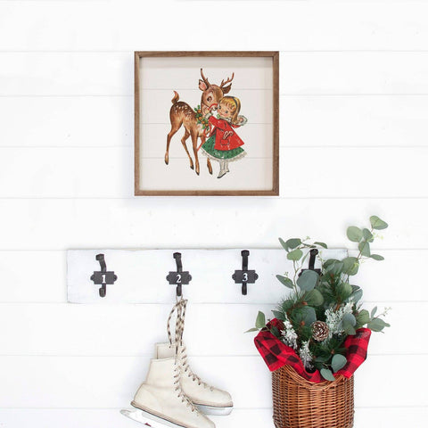 Vintage Deer With Girl, 8"x8", Wall Art - Kendrick Home