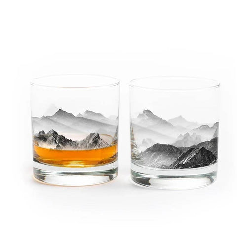 Mountains and Clouds Whiskey Glasses, 11 oz, Single - Black Lantern