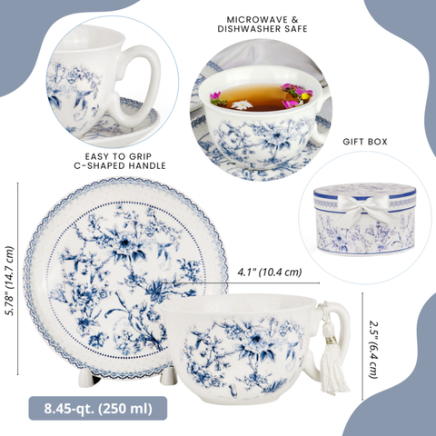 Blue Flowers Bone China Cup and Saucer Set, in Gift Box