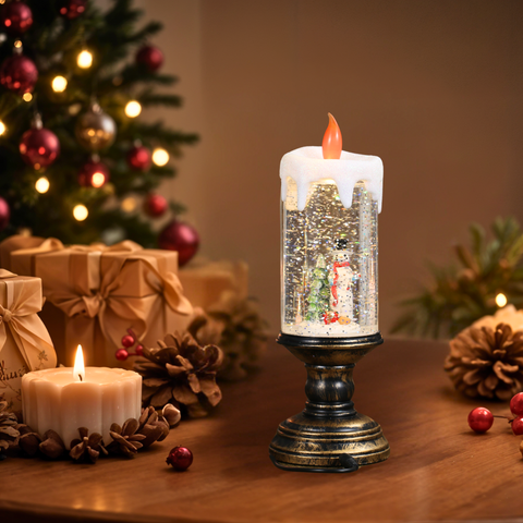 Christmas Musical Snow Globe Candlestick Lantern with Snowman Scene for Christmas Decoration - SINT