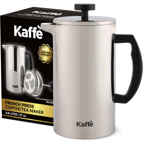 French Press Coffee Maker, 34 oz (0.8L), Double-Wall Stainless Steel - Kaffe