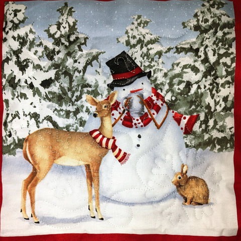 Snowman Christmas Winter Potholder: Snowman with 2 Bunnies - Red Mitten