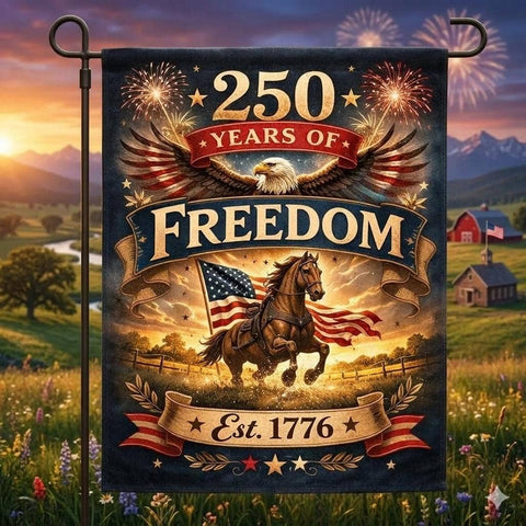 250 Years Of Freedom Garden Flag, with Eagle & Horse, Est. 1776: 12"x18" - Flaidora