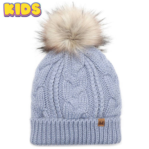 Dusty Blue Kid's Cable Knitted Faux Fur Pom Beanie Hat: Kids - One Size - Fashion City