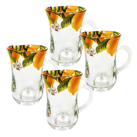 Lemons Coffee and Tea Glass Mugs, Set of 4, Fluted Top