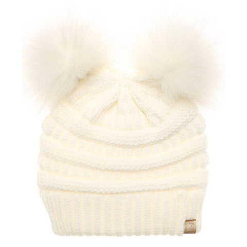 Off White Kids Winter Beanie Hat with Double Pom Pom - Kids - One Size - Fashion City