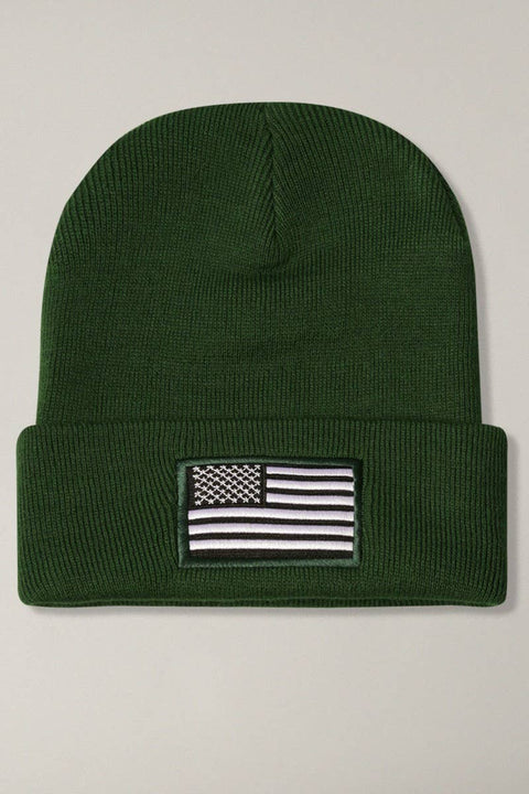 Dark Green USA Flag Embroidery Patch Foldable Cuff Beanie Hat: One Size - Fashion City