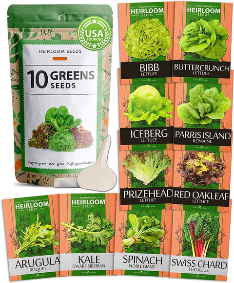 10 Lettuce and Leafy Greens Seeds, Heirloom, Non GMO - Homegrown Garden