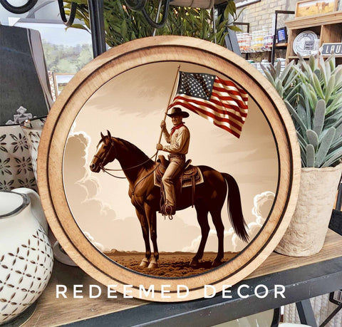 Patriotic Cowboy Art - 8in Round - Redeemed Decor