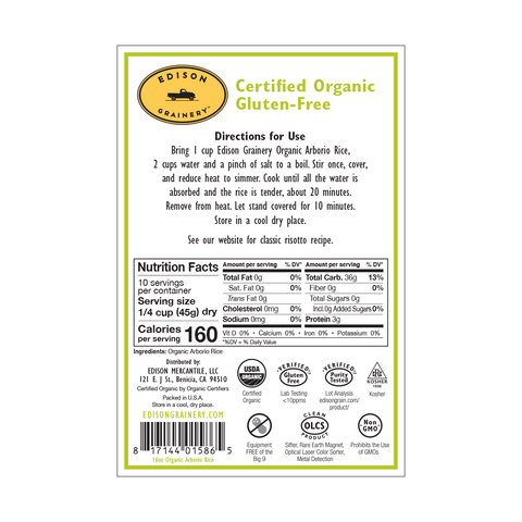 Organic Arborio Rice, 16 oz - Edison Grainery
