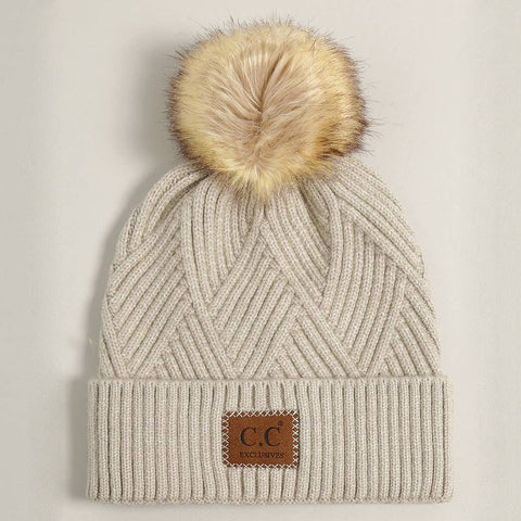 Warm Grey Heather Cuff Beanie with Pom-Pom - One Size - Fashion City