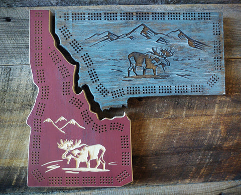 Cribbage Board: Idaho Shape with Moose - Knotty Pine Woodworks