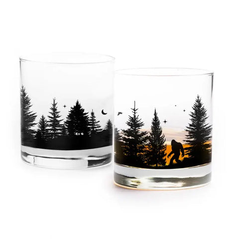 Bigfoot in the Forest Whiskey Glasses, 11 oz, Single - Black Lantern