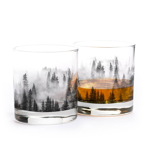Forest and Clouds Whiskey Glasses, 11 oz, Single - Black Lantern