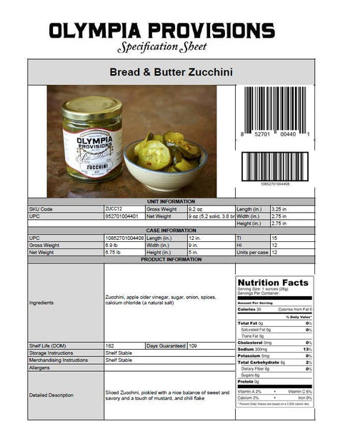 Bread & Butter Zucchini Pickles, 8.9 oz - Olympia Provisions