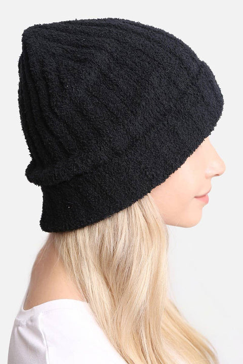 Black Winter Solid Color Ribbed Cuff Beanie Hat: One Size - Fashion City