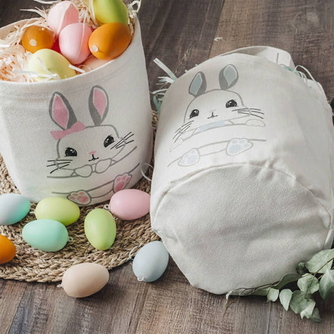 Classic Illustrated Bunny Canvas Easter Basket, Pink- bewell