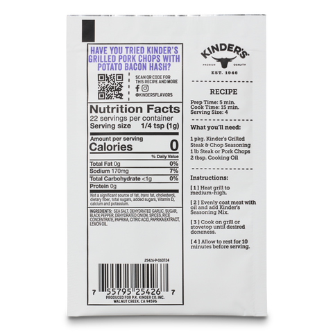 Grilling Seasoning, Grilled Steak & Chop, 0.8 oz - Kinder's Sauces & Seasonings