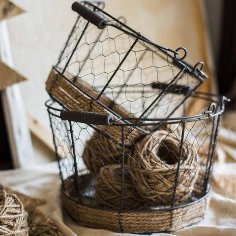Wire Carry Basket With Hemp Rope Bottom Round: Small - Rustic Reach