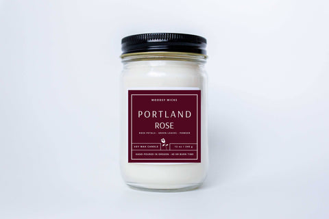 Portland Rose, 12 oz Soy Wax Candle, Wood Wick - Woodsy Wicks