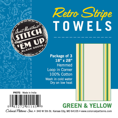 Vintage Farmhouse Retro Green/Yellow Stripe Towels - Colonial Patterns, Inc.