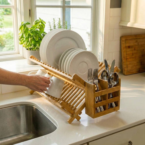 Bamboo Collapsible Drying Rack with Utensil Caddy, 9"x11"x17.5" - Bamboo Switch