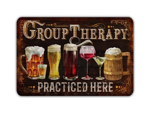 Group Therapy Practiced Here, 8x12in Vintage Style Metal Sign - Game Time Prints