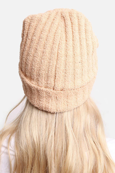 Beige Winter Solid Color Ribbed Cuff Beanie Hat: One Size - Fashion City