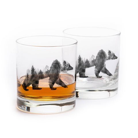 Double Exposure Bear Whiskey Glasses, 11 oz, Single - Black Lantern