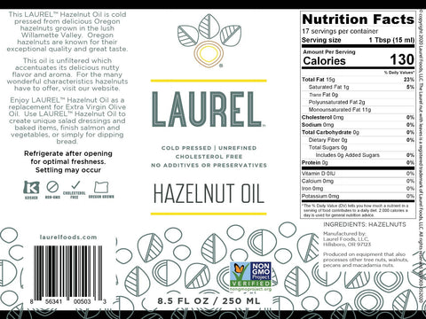 Hazelnut Oil, 8.5 oz, Glass Bottle w Pour Spout - Laurel Foods