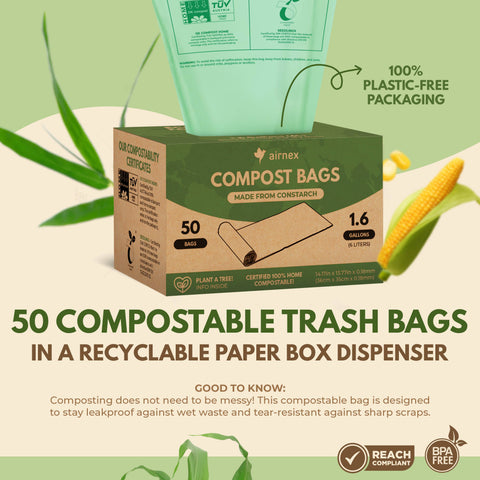 50 Compostable Trash Bags 1.6 Gal - Roll of 50 Compost Bin Bags - AIRNEX