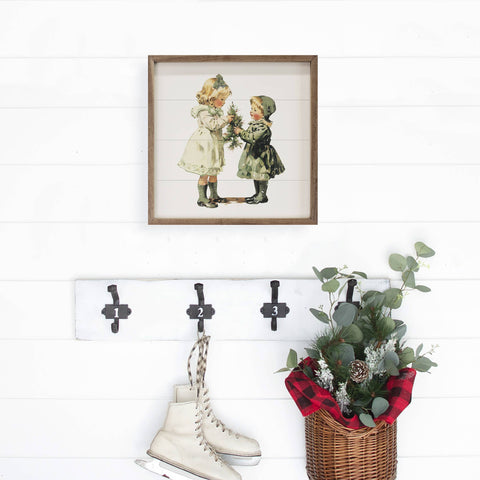 Vintage Girls Christmas With Small Tree, 8"x8", Wall Art - Kendrick Home