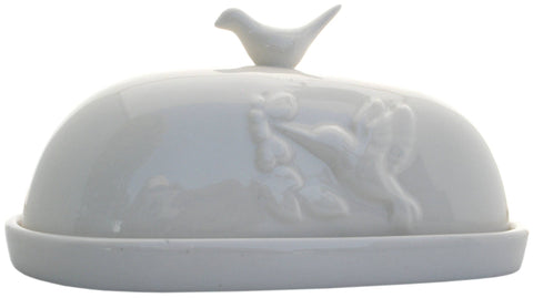Hummingbird Butter Dish, White - JBK Pottery