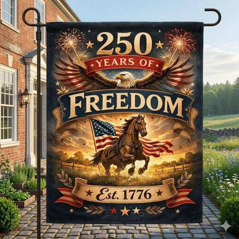 250 Years Of Freedom Garden Flag, with Eagle & Horse, Est. 1776: 12"x18" - Flaidora