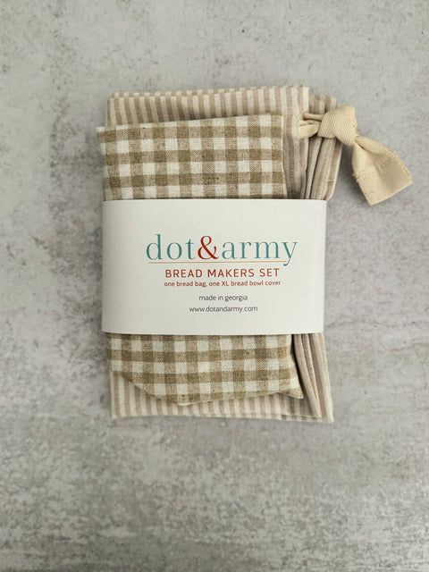 Silver Stripe and Check Bread Makers Set, Bread Bag & Bowl Cover - Dot and Army