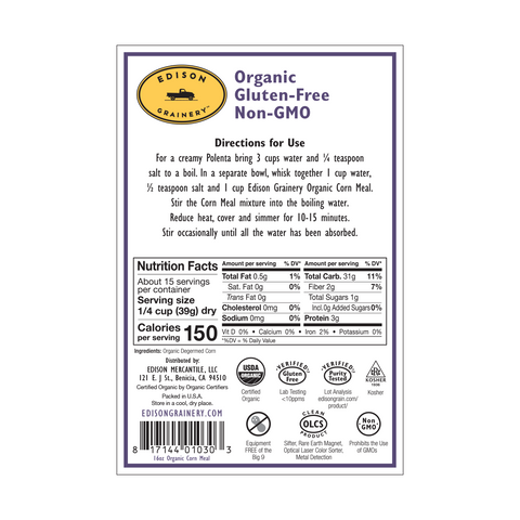 Organic Corn Meal, 16 oz - Edison Grainery