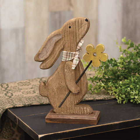 Rustic Wood Bunny with Flower, 10"x7" - The Hearthside Collection