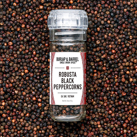 Robusta Black Peppercorns - Single Origin Spice & Seasoning: 1.8 oz grinder-top jar - Burlap & Barrel