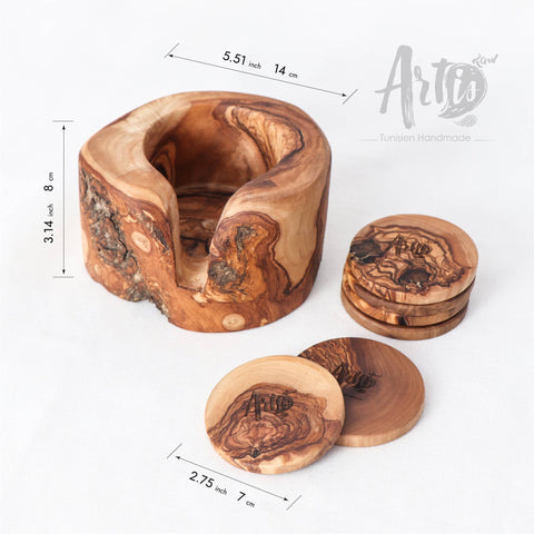 Olive Wood Coaster Set of 6 with Holder - ArtisRaw