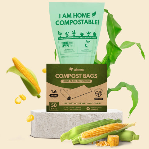 50 Compostable Trash Bags 1.6 Gal - Roll of 50 Compost Bin Bags - AIRNEX