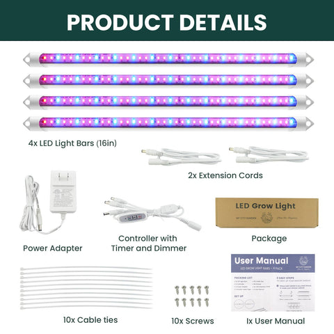 4 Pk LED Grow Light Bars for Seeds & Hydroponics - My City Garden