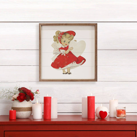Vintage Valentine Girl With Heart, 8"x8", Wall Art - Kendrick Home